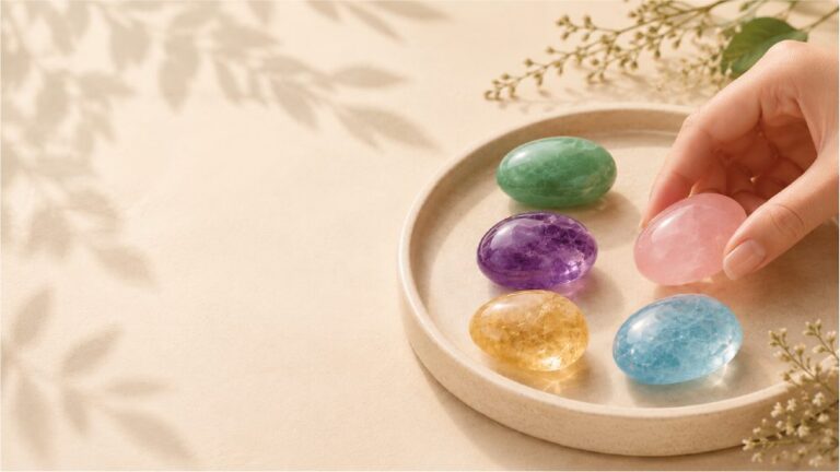 A hand picking a polished gemstone from a ceramic tray of stones