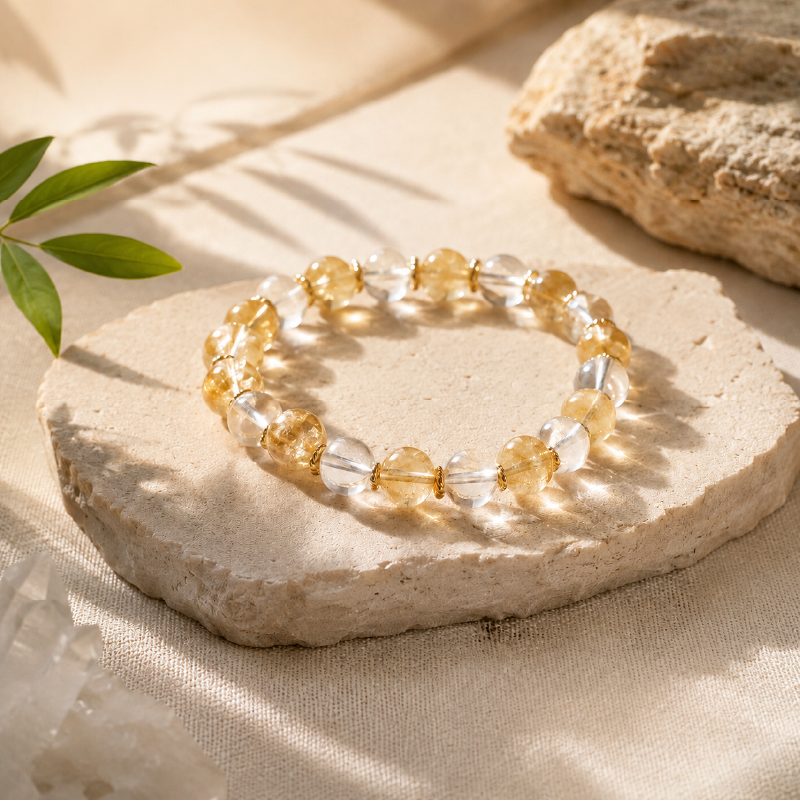 Citrine and rock quartz bead bracelet on a pale stone slab