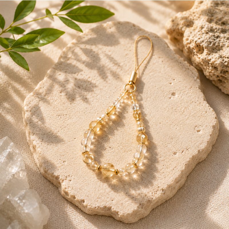 Golden citrine bead phone charm looped on a pale stone slab