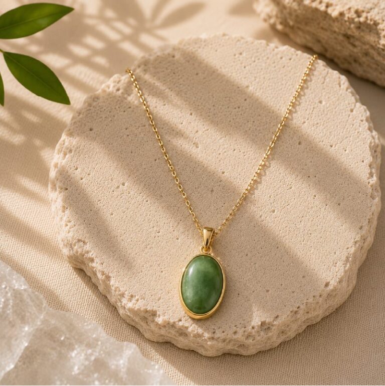 Green jade oval pendant on a gold chain, on a pale stone slab