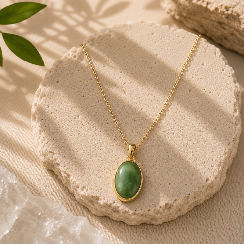 Green jade oval pendant on a gold chain, on a pale stone slab
