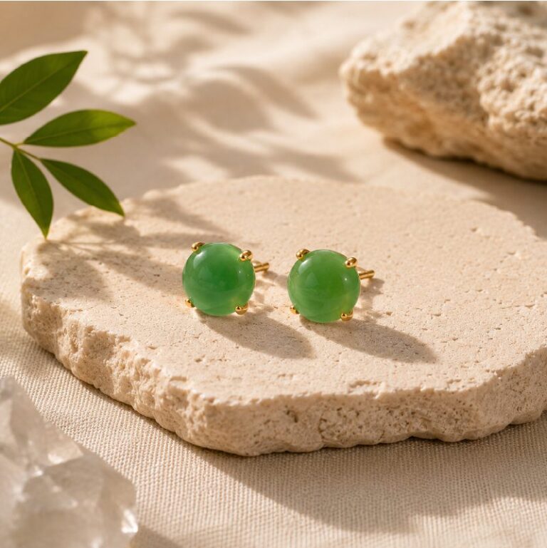 Green jade stud earrings on a pale stone slab