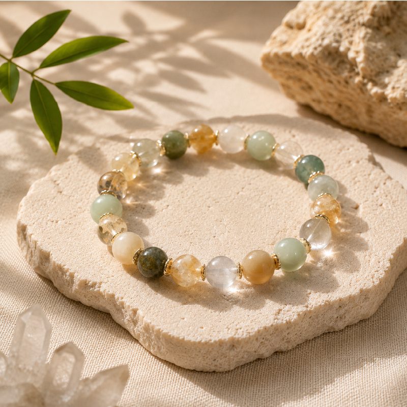 Mixed jade and quartz bead bracelet on a pale stone slab