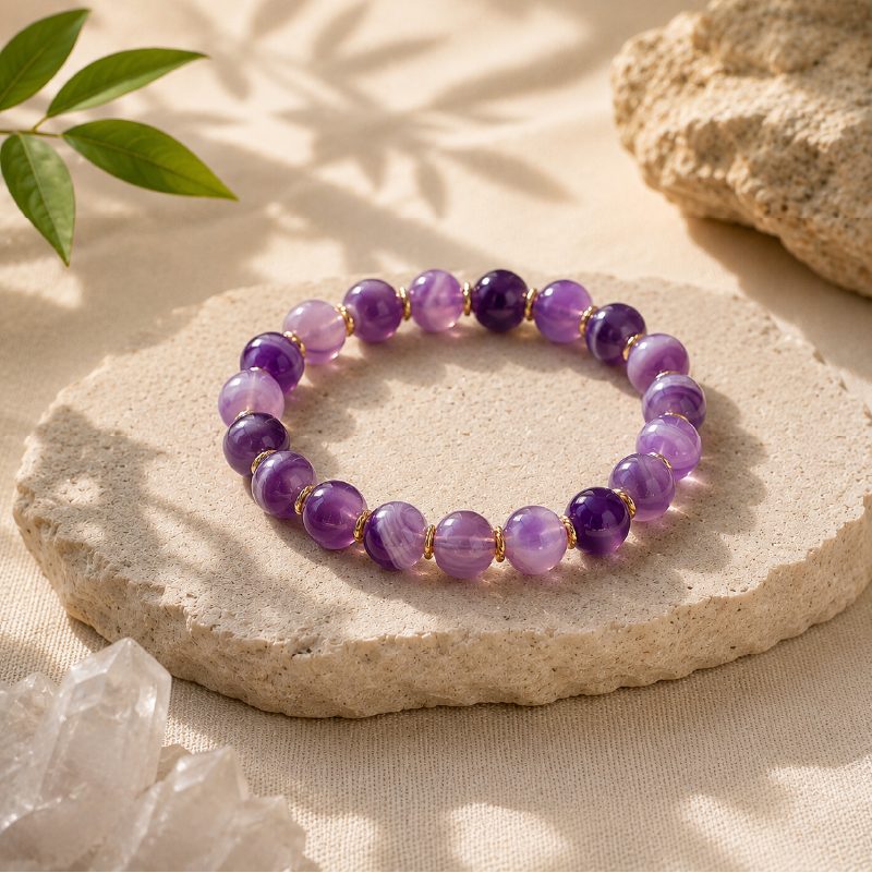 Purple agate bead bracelet on a pale stone slab